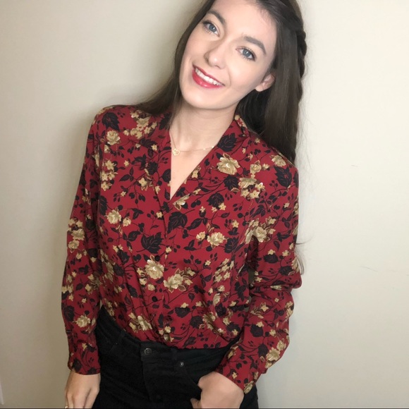 Red with Black and Tan flowers button down - Picture 2 of 6